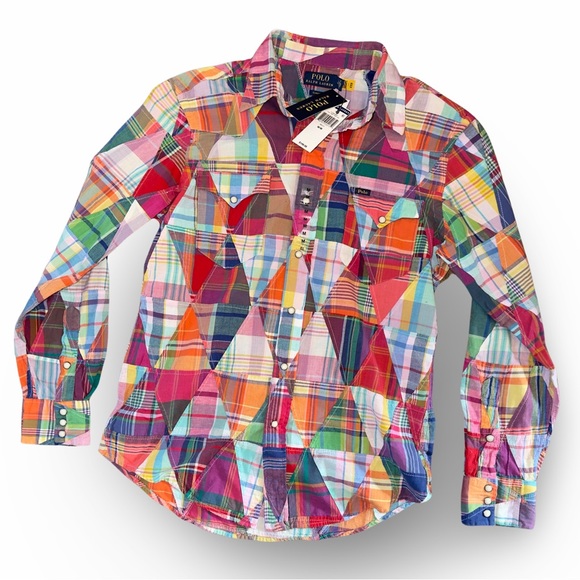 Polo Ralph Lauren Cotton Madras Classic Fit Patchwork Pearl Snap Button Shirt - Picture 6 of 12